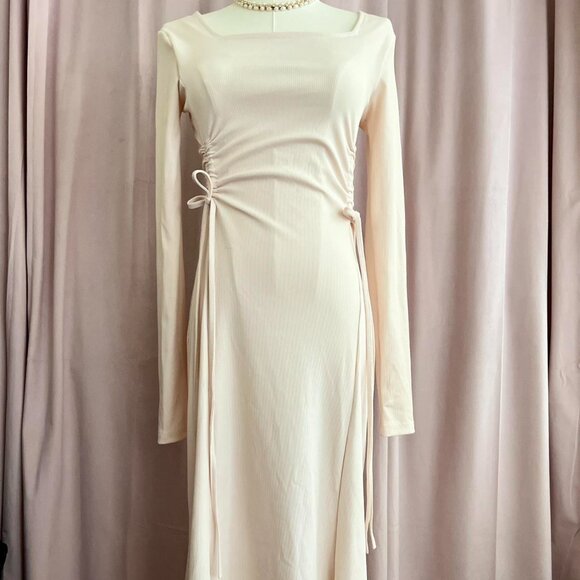 Korean Cream Midi Dress With Ties - Picture 2 of 6